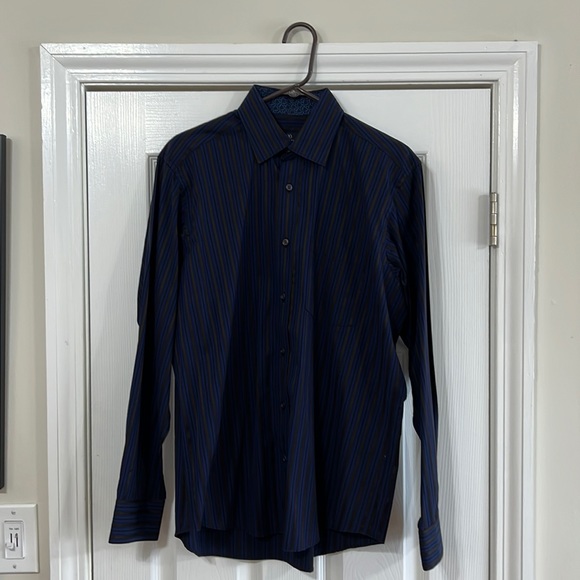 Bugatchi Uomo Blue Striped Mens Long Sleeve Button Shirt - Picture 2 of 7